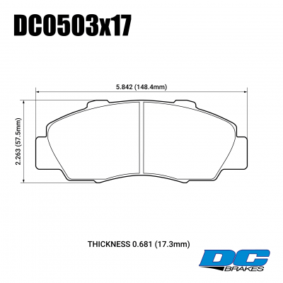 DC0503 Brake Pad Set 
DC0503x17 is a front axle brake pad set for the most 90' Honda models.
Technical information:




inch
mm


Pad Width
5.842
148.4


Pad Height
2.263
57.5


Pad Thick
0.681
17.3





table.appl { width: 300px; border: none; color: black; }
appl tr,td { border: none; text-align: center; font-size: 16px; }
.appl td { padding: 2px }
p { color: black; }
.product_sv { padding-top: 0px!important; }
