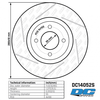 DC14052S Brake Rotor 
DC14052S rear disc brake rotor for Mazda Miata ND.
Technical information:




inch[mm]


Disc outer diameter
11.023[280]


Height
1.377[35.5]


Thickness
0.393[10]


Centering diameter
55


PCD
4x100





table.appl { width: 300px; border: none; color: black; }
appl tr,td { border: none; text-align: center; font-size: 16px; }
.appl td { padding: 2px }
p { color: black; }
.product_sv { padding-top: 0px!important; }
