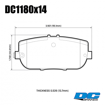 DC1180 Brake Pad Set 
DC1180x14. MAZDA Miata/MX-5 NC/ND rear brake pads.
Technical information:




inch
mm


Pad Width
3.901
99.1


Pad Height
1.748
44.4


Pad Thick
0.539
13.7





table.appl { width: 300px; border: none; color: black; }
appl tr,td { border: none; text-align: center; font-size: 16px; }
.appl td { padding: 2px }
p { color: black; }
.product_sv { padding-top: 0px!important; }
