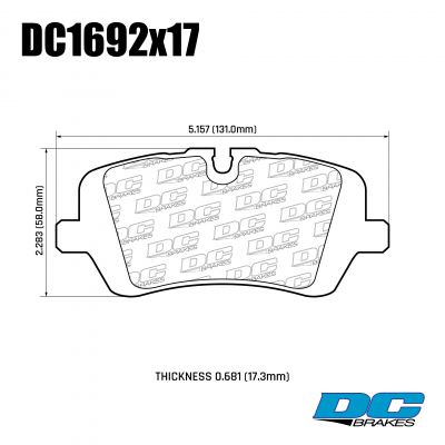 DC1692 Brake Pad Set 
DC1692x17 rear brake pads for LAND ROVER models from 2012+ without Performance brakes.
Technical information:




inch
mm


Pad Width
5.157
131.0


Pad Height
2.283
58.0


Pad Thick
0.681
17.3





table.appl { width: 300px; border: none; color: black; }
appl tr,td { border: none; text-align: center; font-size: 16px; }
.appl td { padding: 2px }
p { color: black; }
.product_sv { padding-top: 0px!important; }
