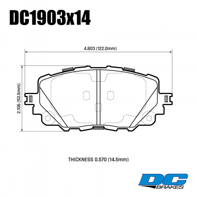 DC1903 Brake Pad Set 
DC1903x14. MAZDA Miata/MX-5 ND front brake pad set.
Technical information:




inch
mm


Pad Width
4.803
122.0


Pad Height
2.106
53.5


Pad Thick
0.570
14.5





table.appl { width: 300px; border: none; color: black; }
appl tr,td { border: none; text-align: center; font-size: 16px; }
.appl td { padding: 2px }
p { color: black; }
.product_sv { padding-top: 0px!important; }
