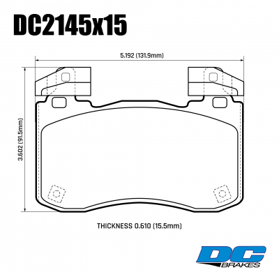 DC2145 Brake Pad Set 
DC2145x15. KIA Stinger/GENESIS G70 front brake pad set is for cars with BREMBO brakes package.
Technical information:




inch
mm


Pad Width
5.192
131.9


Pad Height
3.602
91.5


Pad Thick
0.610
15.5





table.appl { width: 300px; border: none; color: black; }
appl tr,td { border: none; text-align: center; font-size: 16px; }
.appl td { padding: 2px }
p { color: black; }
.product_sv { padding-top: 0px!important; }
