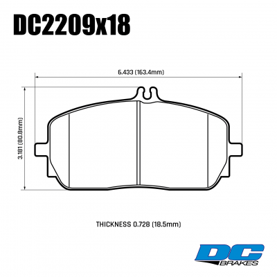 DC2209 Brake Pad Set 
DC2209x18. Mercedes-Benz G W463/GLE V167/GLE Coupe C167 base front brake pads. 
Technical information:




inch
mm


Pad Width
6.433
163.4


Pad Height
3.181
80.8


Pad Thick
0.728
18.5





table.appl { width: 300px; border: none; color: black; }
appl tr,td { border: none; text-align: center; font-size: 16px; }
.appl td { padding: 2px }
p { color: black; }
.product_sv { padding-top: 0px!important; }
