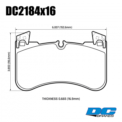 DC2184 Brake Pad Set 
DC2184x16. Land Rover Defender 2019+ / Discovery V / Range Rover 2012+ / Range Rover Sport 2013+ front brake pads with 19" Brake Size option
Technical information:




inch
mm


Pad Width
6.007
152.6


Pad Height
3.803
96.6


Pad Thick
0.665
16.9





table.appl { width: 300px; border: none; color: black; }
appl tr,td { border: none; text-align: center; font-size: 16px; }
.appl td { padding: 2px }
p { color: black; }
.product_sv { padding-top: 0px!important; }
