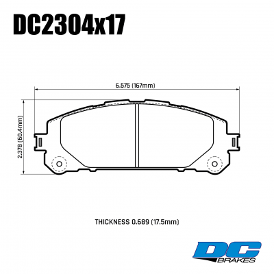 DC2304 Brake Pad Set 
DC2304x17. TOYOTA Highlander U70 body 2019+ front brake pads.
Technical information:




inch
mm


Pad Width
6.575
167


Pad Height
2.378
60.4


Pad Thick
0.689
17.5





table.appl { width: 300px; border: none; color: black; }
appl tr,td { border: none; text-align: center; font-size: 16px; }
.appl td { padding: 2px }
p { color: black; }
.product_sv { padding-top: 0px!important; }
