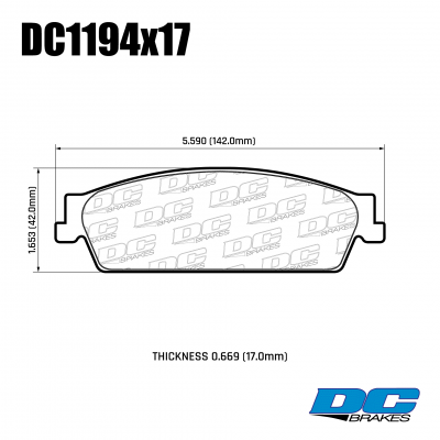 DC1194 Brake Pad Set 
DC1194x17 rear brake pad set for Cadillac Escalade, Chevrolet Tahoe GMT900 2007-2014
Technical information:




inch
mm


Pad Width
5.590
142.0


Pad Height
1.653
42.0


Pad Thick
0.669
17.0





table.appl { width: 300px; border: none; color: black; }
appl tr,td { border: none; text-align: center; font-size: 16px; }
.appl td { padding: 2px }
p { color: black; }
.product_sv { padding-top: 0px!important; }
