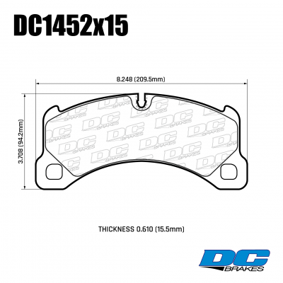 DC1452 Brake Pad Set 
DC1452x15 PORSCHE Cayenne, Macan and Panamera front brake pads with 350mm brakes.
Technical information:




inch
mm


Pad Width
8.248
209.5


Pad Height
3.708
94.2


Pad Thick
0.610
15.5





table.appl { width: 300px; border: none; color: black; }
appl tr,td { border: none; text-align: center; font-size: 16px; }
.appl td { padding: 2px }
p { color: black; }
.product_sv { padding-top: 0px!important; }

