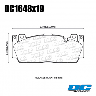 DC1648 Brake Pad Set 
DC1648x19 BMW M F06/F10/F12/F87 with 400mm brake disc front brake pads
Technical information:




inch
mm


Pad Width
8.173
207.6


Pad Height
3.413
86.7


Pad Thick
0.767
19.5





table.appl { width: 300px; border: none; color: black; }
appl tr,td { border: none; text-align: center; font-size: 16px; }
.appl td { padding: 2px }
p { color: black; }
.product_sv { padding-top: 0px!important; }
