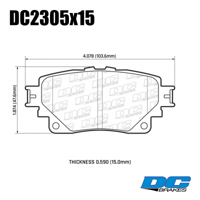 DC2305 Brake Pad Set 
DC2305x15 Lexus NX 2021+/TOYOTA Highlander 2019+ rear brake pads
Technical information:




inch
mm


Pad Width
4.078
103.6


Pad Height
1.874
47.6


Pad Thick
0.590
15





table.appl { width: 300px; border: none; color: black; }
appl tr,td { border: none; text-align: center; font-size: 16px; }
.appl td { padding: 2px }
p { color: black; }
.product_sv { padding-top: 0px!important; }
