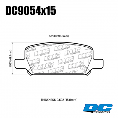 DC9054 Brake Pad Set 
DC9054x15 rear brake pads for Tesla Model 3, Model Y without performance package.
Technical information:




inch
mm


Pad Width
5.228
132.8


Pad Height
1.933
49.1


Pad Thick
0.622
15.8





table.appl { width: 300px; border: none; color: black; }
appl tr,td { border: none; text-align: center; font-size: 16px; }
.appl td { padding: 2px }
p { color: black; }
.product_sv { padding-top: 0px!important; }
