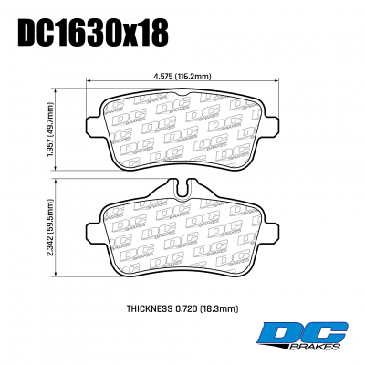 DC1630 Brake Pad Set 
DC1630x18 rear brake pads for Mercedes-Benz A-class A45 AMG, CLA-class CLA45 AMG C117, GLA-class GLA 45 AMG X156, GL-class X166, GLE-class C292, GLE-class W166, GLS-class X166, M-class W166.
Technical information:




inch
mm


Pad Width
4.575
116.2


Pad Height
2.342
59.5


Pad Thickness
0.720
18.3





table.appl { width: 300px; border: none; color: black; }
appl tr,td { border: none; text-align: center; font-size: 16px; }
.appl td { padding: 2px }
p { color: black; }
.product_sv { padding-top: 0px!important; }
