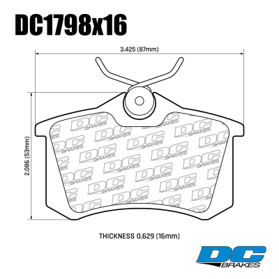 DC1798 Brake Pad Set 
DC1798x16 rear brake pads for Renault RS models like Megane 3, Clio 3.
Technical information:




inch
mm


Pad Width
3.425
87


Pad Height
2.08
53


Pad Thick
0.629
16





table.appl { width: 300px; border: none; color: black; }
appl tr,td { border: none; text-align: center; font-size: 16px; }
.appl td { padding: 2px }
p { color: black; }
.product_sv { padding-top: 0px!important; }
