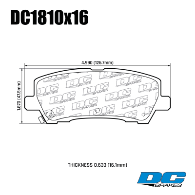 DC1810 Brake Pad Set 
table.appl { width: 300px; border: none; color: black; }
appl tr,td { border: none; text-align: center; font-size: 16px; }
.appl td { padding: 2px }
p { color: black; }
.product_sv { padding-top: 0px!important; }


DC1810x16 rear brake pads for Ford Mustang with Performance Brakes.
Technical information:




inch
mm


Pad Width
4.990
126.7


Pad Height
1.870
47.5


Pad Thick
0.633
16.1



