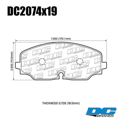DC2074 Brake Pad Set 
table.appl { width: 300px; border: none; color: black; }
appl tr,td { border: none; text-align: center; font-size: 16px; }
.appl td { padding: 2px }
p { color: black; }
.product_sv { padding-top: 0px!important; }


DC2074x19 front axle brake pads for Volkswagen Atlas, Teramont, Viloran models
Technical information:




inch
mm


Pad Width
7.050
179.1


Pad Height
2.930
74.5


Pad Thick
0.728
18.5



