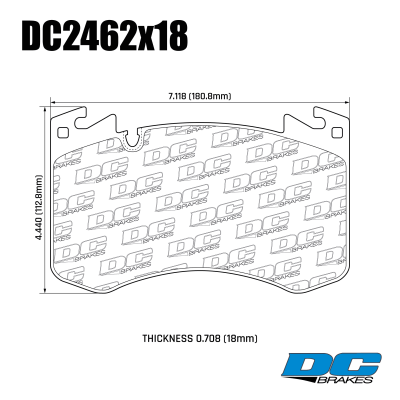 DC2462 Brake Pad Set 
DC2462x18 front brake pads for Range Rover and Range Rover Sport models with Brembo brake system.
Technical information:




inch
mm


Pad Width
7.118
180.8


Pad Height
4.44
112.8


Pad Thick
0.708
18





table.appl { width: 300px; border: none; color: black; }
appl tr,td { border: none; text-align: center; font-size: 16px; }
.appl td { padding: 2px }
p { color: black; }
.product_sv { padding-top: 0px!important; }
