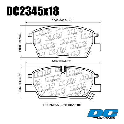 DC2345 Brake Pad Set 
table.appl { width: 300px; border: none; color: black; }
appl tr,td { border: none; text-align: center; font-size: 16px; }
.appl td { padding: 2px }
p { color: black; }
.product_sv { padding-top: 0px!important; }


DC2345x18 front brake pads for Chevrolet Equinox, Malibu and Trax
Technical information:




inch
mm


Pad Width
5.540
140.6


Pad Height
2.350
59.7


Pad Thick
0.728
18.5



