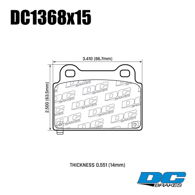 DC1368 Brake Pad Set 
table.appl { width: 300px; border: none; color: black; }
appl tr,td { border: none; text-align: center; font-size: 16px; }
.appl td { padding: 2px }
p { color: black; }
.product_sv { padding-top: 0px!important; }


DC1368x15 rear brake pads for Mitsubishi Lancer Evolution X
Technical information:




inch
mm


Pad Width
3.410
86.7


Pad Height
2.500
63.5


Pad Thick
0.551
14



