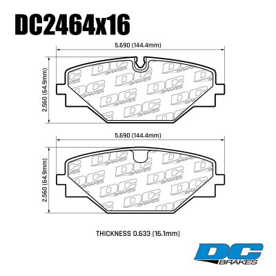 DC2464 Brake Pads Set 
DC2464x16 rear brake pads for Range Rover V L460 and Range Rover Sport L461.
Technical information:




inch
mm


Pad Width
5.690
144.4


Pad Height
2.560
64.9


Pad Thick
0.633
16.1






table.appl { width: 300px; border: none; color: black; }
appl tr,td { border: none; text-align: center; font-size: 16px; }
.appl td { padding: 2px }
p { color: black; }
.product_sv { padding-top: 0px!important; }
