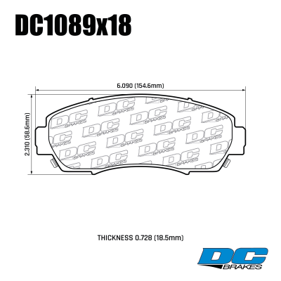 DC1089 Brake Pads Set 
table.appl { width: 300px; border: none; color: black; }
appl tr,td { border: none; text-align: center; font-size: 16px; }
.appl td { padding: 2px }
p { color: black; }
.product_sv { padding-top: 0px!important; }


DC1089x18 front brake pads for Acura RDX, Honda CR-V and Odyssey.
Technical information:




inch
mm


Pad Width
6.090
154.6


Pad Height
2.310
58.6


Pad Thick
0.728
18.5




