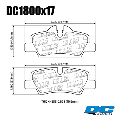 DC1800 Brake Pads Set 
DC1800x17 rear brake pads for MINI Cooper / Cooper S / JCW / JCW GP F55/F56/F57 2013-2024.
Technical information:




inch
mm


Pad Width
3.930
99.7


Pad Height
1.760
44.7


Pad Thick
0.653
16.6






table.appl { width: 300px; border: none; color: black; }
appl tr,td { border: none; text-align: center; font-size: 16px; }
.appl td { padding: 2px }
p { color: black; }
.product_sv { padding-top: 0px!important; }

