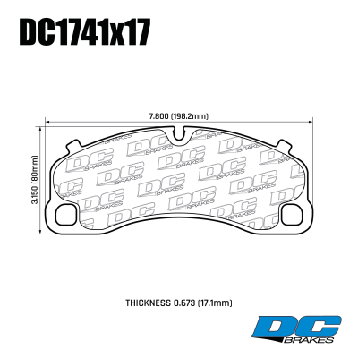 DC1741 Brake Pads Set 
DC1741x17 front brake pads for Porsche 911 (991/992) S/GT3 and Cayman GT4.
Technical information:




inch
mm


Pad Width
7.800
198.2


Pad Height
3.150
80.0


Pad Thick
0.673
17.1






table.appl { width: 300px; border: none; color: black; }
appl tr,td { border: none; text-align: center; font-size: 16px; }
.appl td { padding: 2px }
p { color: black; }
.product_sv { padding-top: 0px!important; }
