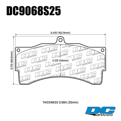 DC9068 Brake Pads Set 
DC9068x25 brake pads for AP Racing CP6269/CP9665.
Technical information:




inch
mm


Pad Width
6.410
162.9


Pad Height
3.170
80.6


Pad Thick
0.984
25.0






table.appl { width: 300px; border: none; color: black; }
appl tr,td { border: none; text-align: center; font-size: 16px; }
.appl td { padding: 2px }
p { color: black; }
.product_sv { padding-top: 0px!important; }
