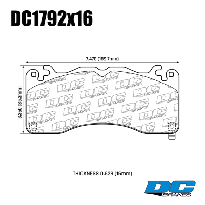 DC1792 Brake Pads Set 

DC1792x16 front brake pads for FORD Mustang 2015+ with Brembo package.
Technical information:




inch
mm


Pad Width
7.470
189.7


Pad Height
3.360
85.3


Pad Thick
0.629
16






table.appl { width: 300px; border: none; color: black; }
appl tr,td { border: none; text-align: center; font-size: 16px; }
.appl td { padding: 2px }
p { color: black; }
.product_sv { padding-top: 0px!important; }
