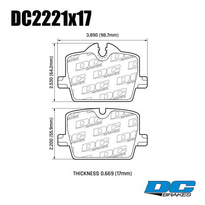 DC2221 Brake Pad Set 
table.appl { width: 300px; border: none; color: black; }
appl tr,td { border: none; text-align: center; font-size: 16px; }
.appl td { padding: 2px }
p { color: black; }
.product_sv { padding-top: 0px!important; }


DC2221x17 rear brake pads for BMW G20 and TOYOTA Supra.
Technical information:




inch
mm


Pad Width
3.890
98.7


Pad A Height
2.530
64.2


Pad B Height
2.200
55.9


Pad Thick
0.669
17



