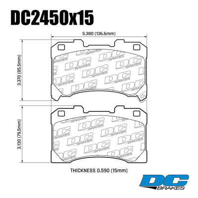 DC2450 Brake Pads Set 
table.appl { width: 300px; border: none; color: black; }
appl tr,td { border: none; text-align: center; font-size: 16px; }
.appl td { padding: 2px }
p { color: black; }
.product_sv { padding-top: 0px!important; }


DC2450x15 front axle brake pads for TOYOTA Yaris GR and Corolla GR
Technical information:




inch
mm


Pad Width
5.380
136.6


Pad A Height
3.370
85.5


Pad B Height
3.130
79.5


Pad Thick
0.590
15




