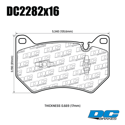 DC2282 Brake Pads Set 
DC2282x16 front brake pads for AUDI Q5 FY with Brembo calipers.
Technical information:




inch
mm


Pad Width
5.340
135.6


Pad Height
3.190
81.0


Pad Thick
0.669
17





table.appl { width: 300px; border: none; color: black; }
appl tr,td { border: none; text-align: center; font-size: 16px; }
.appl td { padding: 2px }
p { color: black; }
.product_sv { padding-top: 0px!important; }

