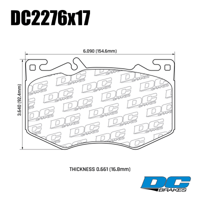 DC2276 Brake Pads Set 
DC2276x17 is most commonly used on AMG versions of compact and mid-size Mercedes-Benz vehicles equipped with a 2.0-liter turbocharged engine and 4MATIC all-wheel drive..
Technical information:




inch
mm


Pad Width
6.090
154.6


Pad Height
3.640
92.4


Pad Thick
0.661
16.8





table.appl { width: 300px; border: none; color: black; }
appl tr,td { border: none; text-align: center; font-size: 16px; }
.appl td { padding: 2px }
p { color: black; }
.product_sv { padding-top: 0px!important; }
