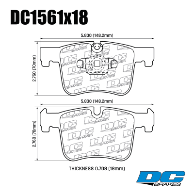 DC1561 Brake Pads Set 

DC1561x18 pads are front brake pads for a range of BMW 2- and 3-Series, X-Series SUVs and sedans with standard front calipers.
Technical information:




inch
mm


Pad Width
5.830
148.2


Pad Height
2.760
70.0


Pad Thick
0.708
18





table.appl { width: 300px; border: none; color: black; }
appl tr,td { border: none; text-align: center; font-size: 16px; }
.appl td { padding: 2px }
p { color: black; }
.product_sv { padding-top: 0px!important; }
