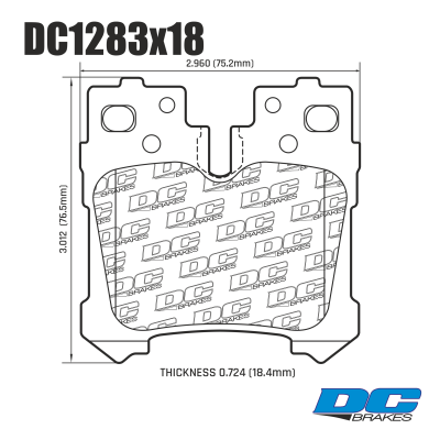 DC1283 Brake Pads Set 
DC1283x18 is a rear disc-brake pad shape used primarily on Lexus LS and selected Toyota Century and Mirai models. The pad is used across multiple Lexus LS generations and brake configurations, including LS 460, LS 500, LS 500h and LS 600h applications.
Technical information:




inch
mm


Pad Width
2.960
75.2


Pad Height
3.012
76.5


Pad Thick
0.724
18.4



