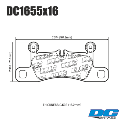 DC1655 Brake Pads Set 
DC1655x16 is a rear disc-brake pad shape used on Porsche 911 Carrera (991), 718/982 Boxster/Cayman and Cayenne 9Y applications.
Technical information:




inch
mm


Pad Width
7.374
187.3


Pad Height
2.992
76.0


Pad Thick
0.638
16.2



