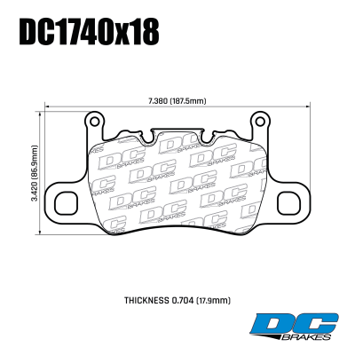 DC1740 Brake Pad Set 
DC1740x18 is a rear brake pads for Porsche Cayenne E3, 911 991 Turbo/GT3 and Cayman 718 GT4.
Technical information:




inch
mm


Pad Width
7.382
187.5


Pad Height
3.421
86.9


Pad Thick
0.630
16





table.appl { width: 300px; border: none; color: black; }
appl tr,td { border: none; text-align: center; font-size: 16px; }
.appl td { padding: 2px }
p { color: black; }
.product_sv { padding-top: 0px!important; }

