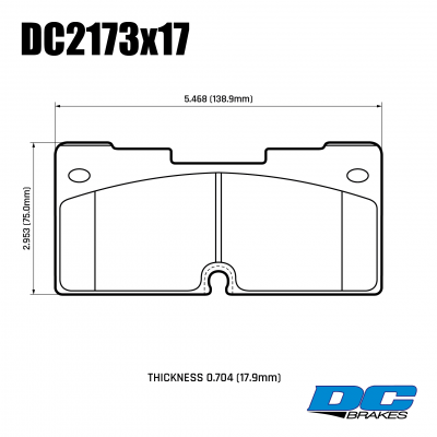 DC2173 Brake Pad Set 
DC2173x17 is a front brake pads for the newest GM SUVs like Tahoe and Escalade 2020+
Technical information:




inch
mm


Pad Width
5.468
138.9


Pad Height
2.953
75.0


Pad Thick
0.704
17.9





table.appl { width: 300px; border: none; color: black; }
appl tr,td { border: none; text-align: center; font-size: 16px; }
.appl td { padding: 2px }
p { color: black; }
.product_sv { padding-top: 0px!important; }
